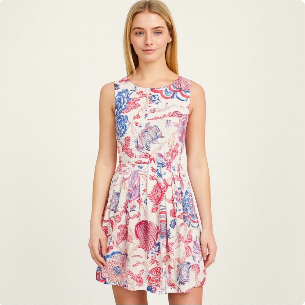 Talbots Fit & Flare Sleeveless Floral Dress Red White Blue Pockets Size 8